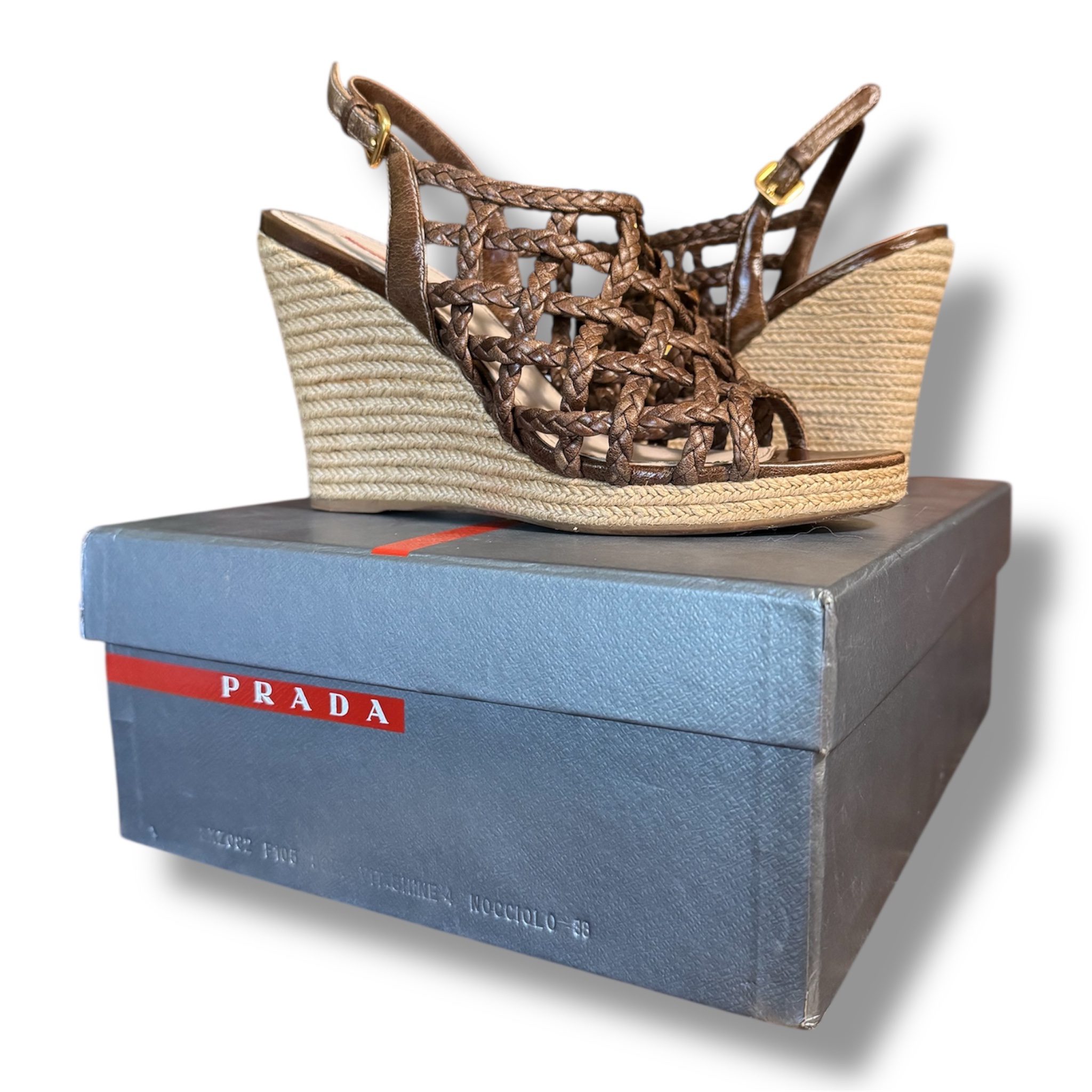 PRADA Woven Leather Wedge Sandals Platform Size 7 US 38 EU (with Box And Bag)