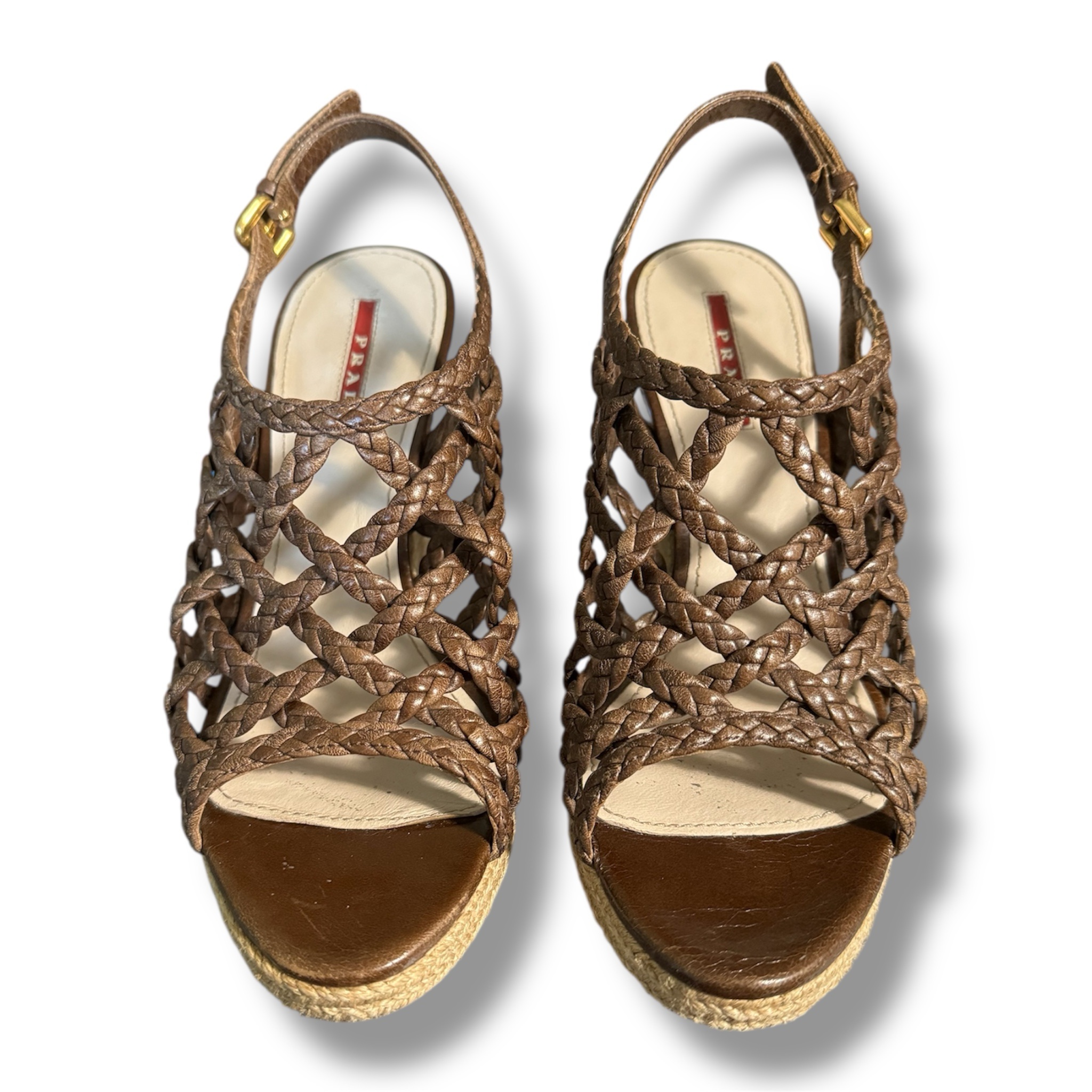 PRADA Woven Leather Wedge Sandals Platform Size 7 US 38 EU (with Box And Bag) - Image 4