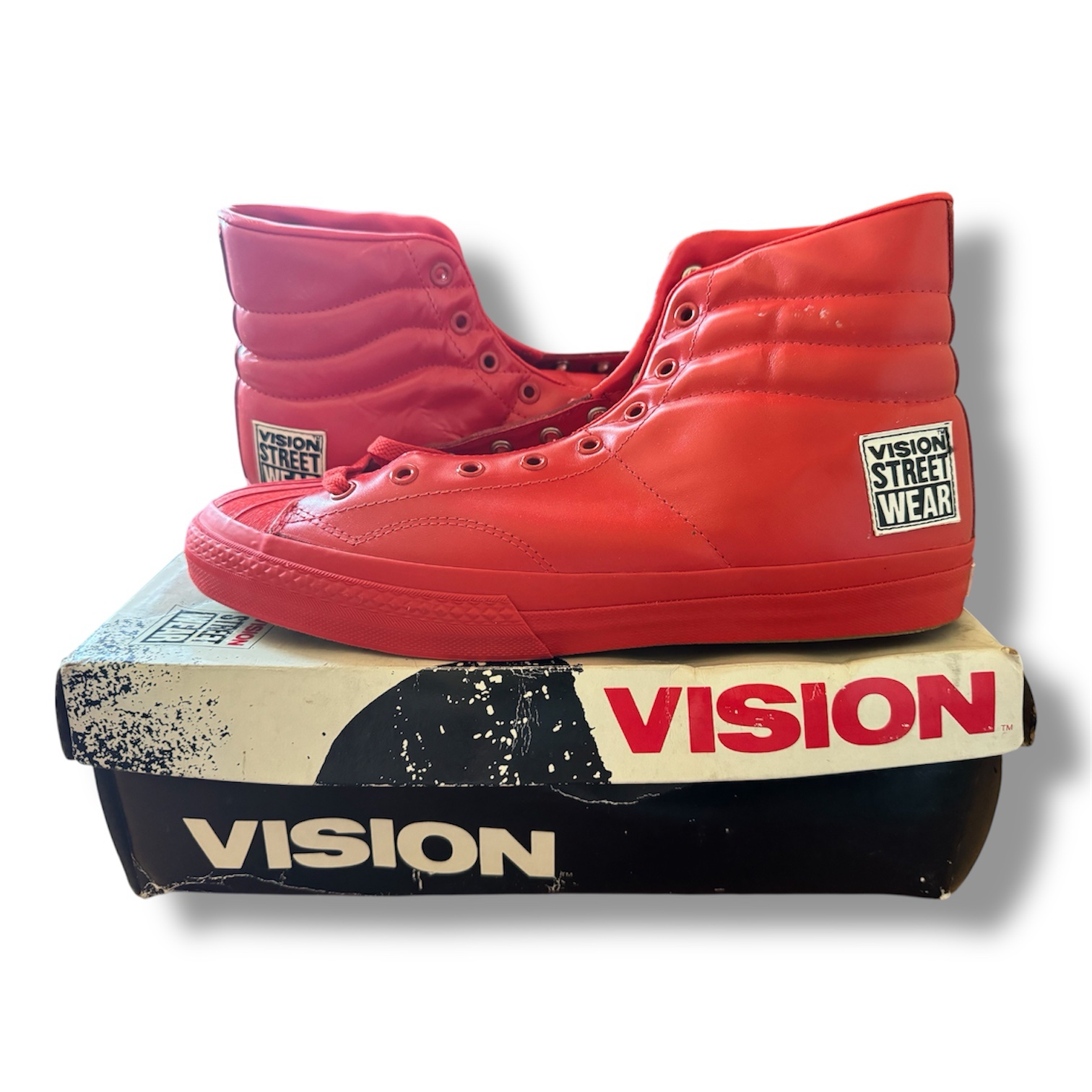 Vintage Vision Street Wear High Top Sneakers Red Leather DS Made In Korea Sz 12 - Image 2