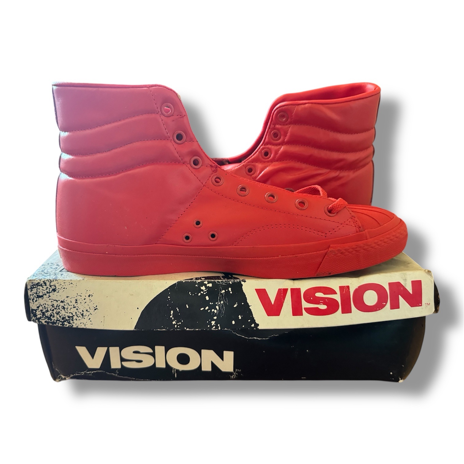 Vintage Vision Street Wear High Top Sneakers Red Leather DS Made In Korea Sz 12 - Image 3