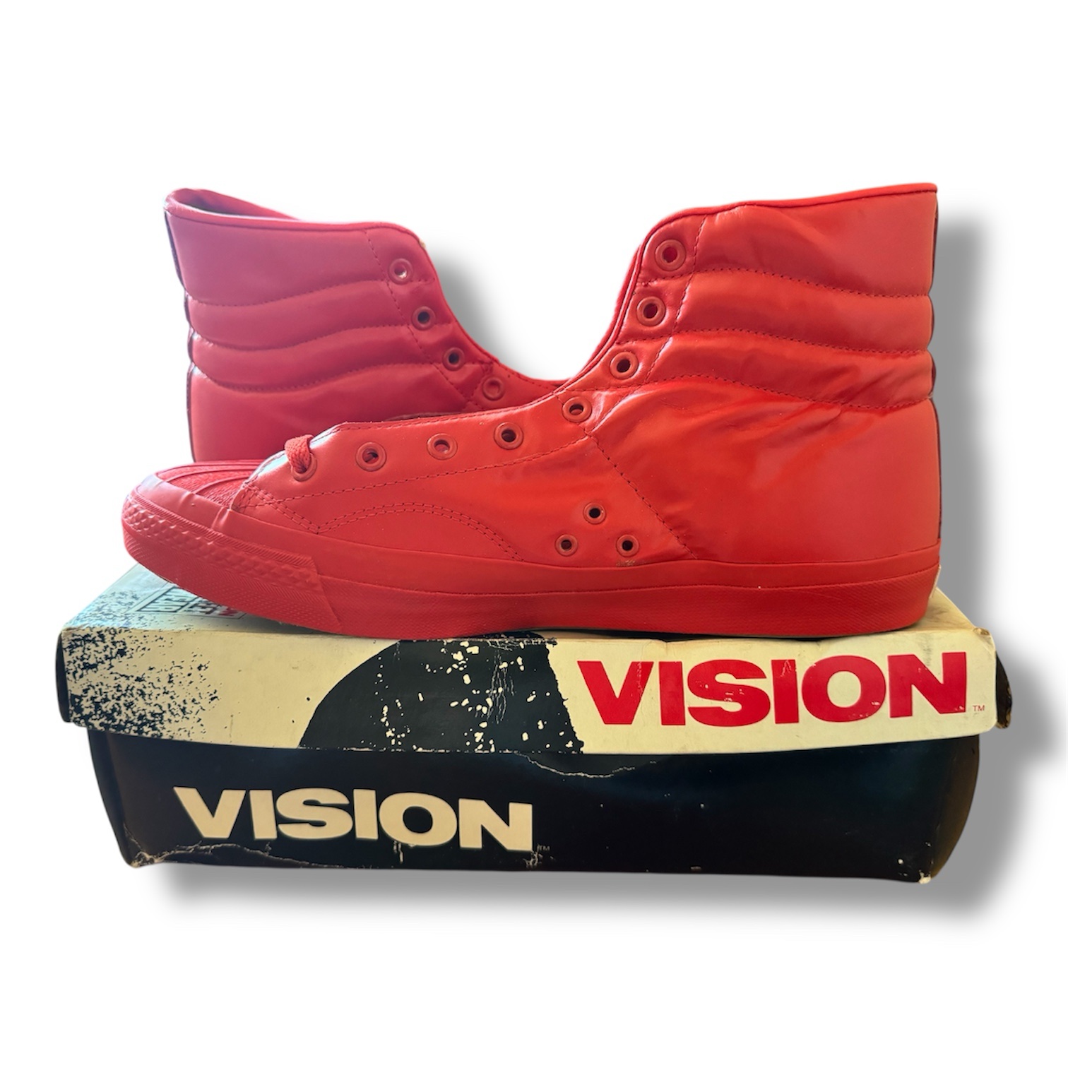 Vintage Vision Street Wear High Top Sneakers Red Leather DS Made In Korea Sz 12 - Image 4